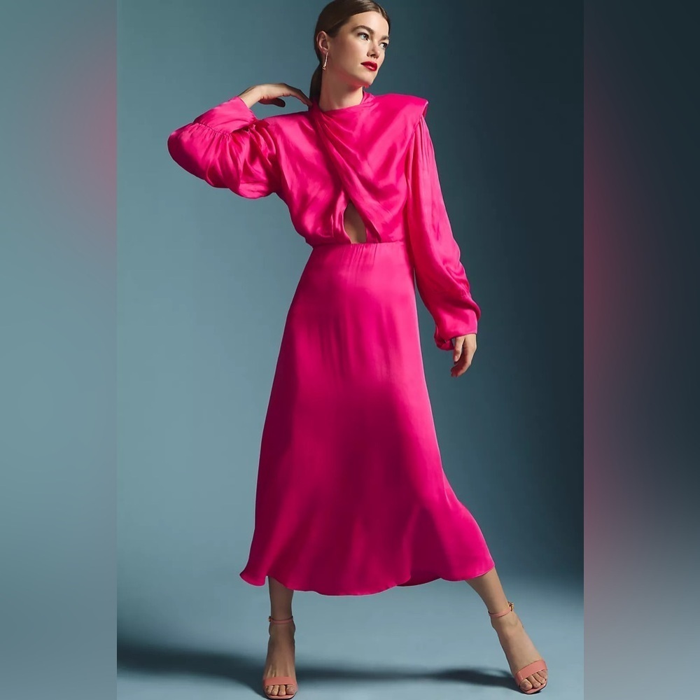 FARM Rio Hot Pink Long-Sleeve Midi Dress